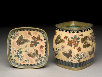 Tobacco jar and stand with butterflies and flowers, c.1880